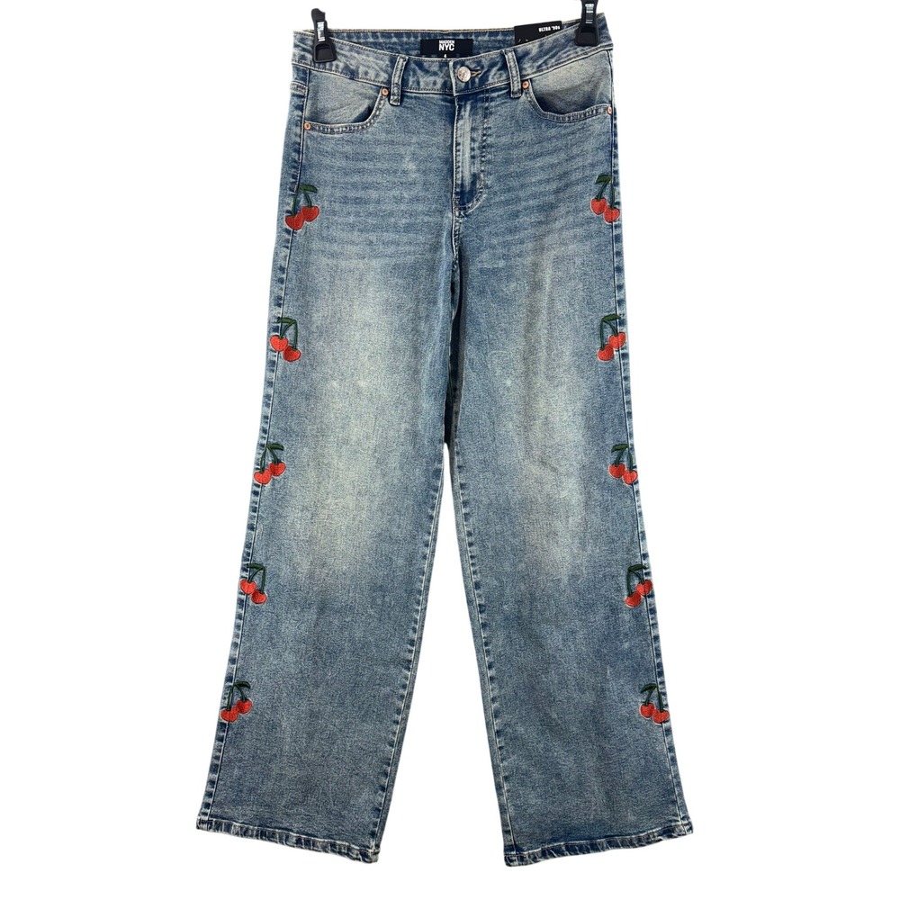 NWT Madden NYC Jeans Womens Sz 4 Ultra 90s Blue Cherry Embroidered Wide Leg